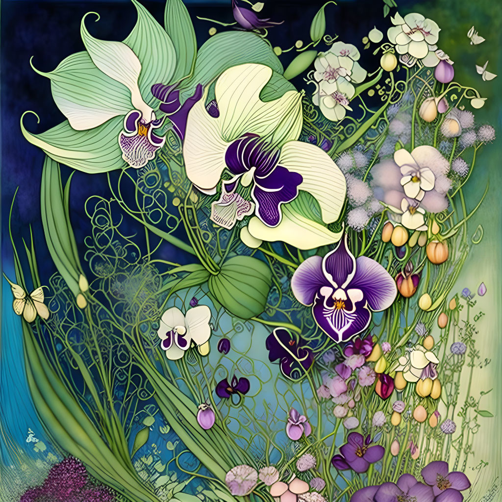 Colorful Orchids and Flowers Illustration on Deep Blue Background with Butterflies