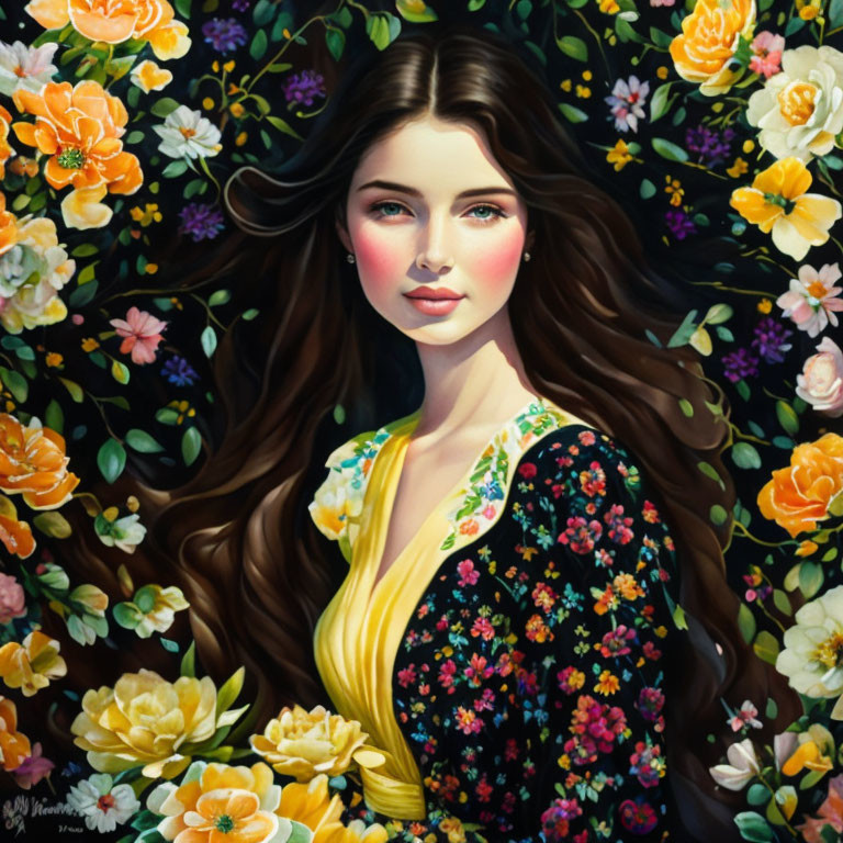 Portrait of Woman with Long Brown Hair Surrounded by Multicolored Flowers