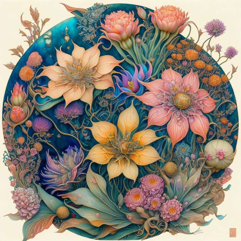 Colorful Circular Botanical Artwork with Orange, Pink, and Yellow Flowers