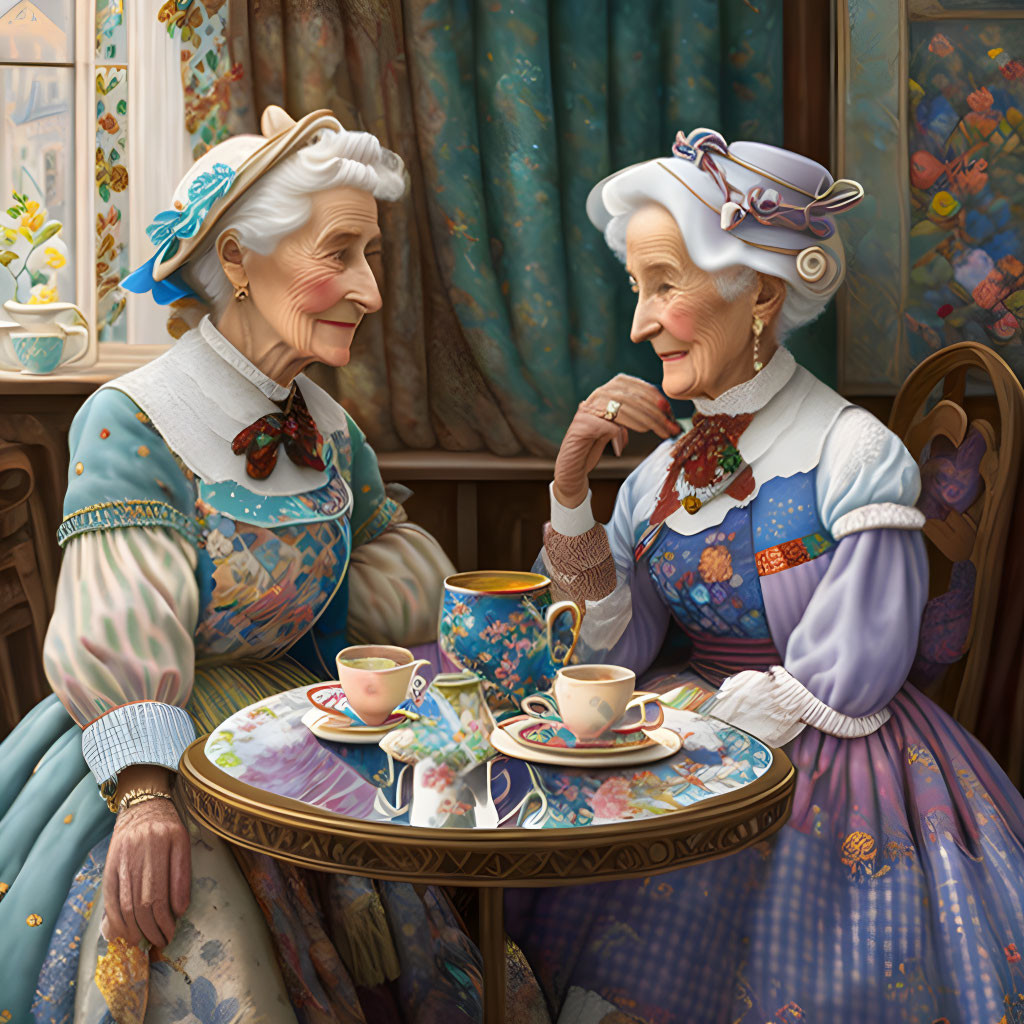 Elderly women in vintage dresses at a tea party in a floral room