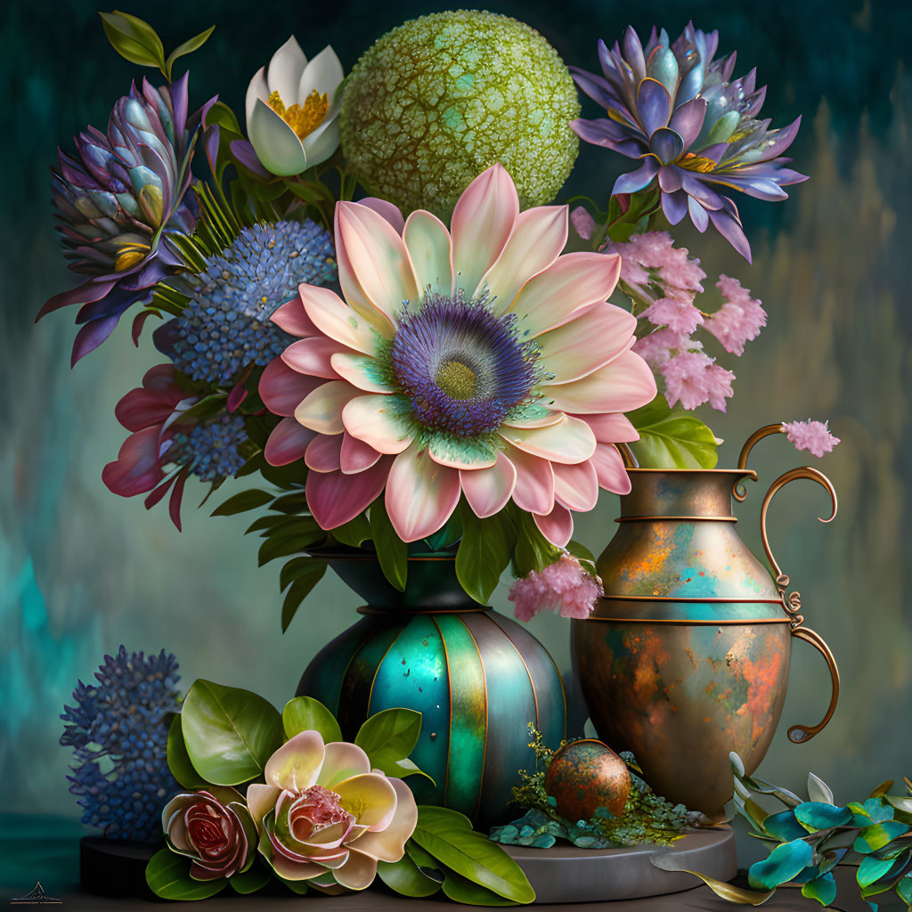 Colorful Flower Still Life Painting with Green Sphere on Moody Background