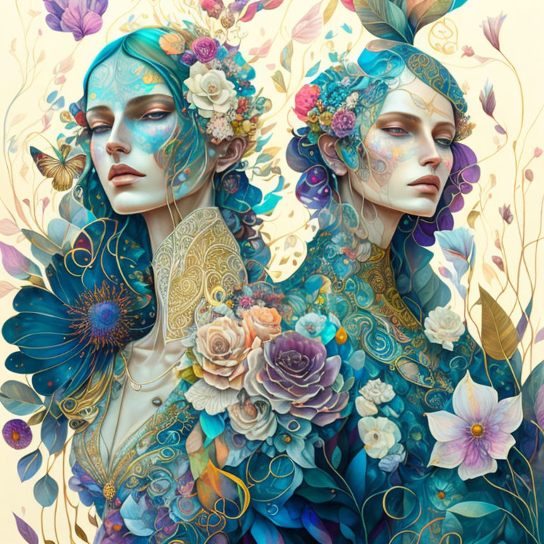 Ethereal beings with floral and butterfly motifs on pastel background