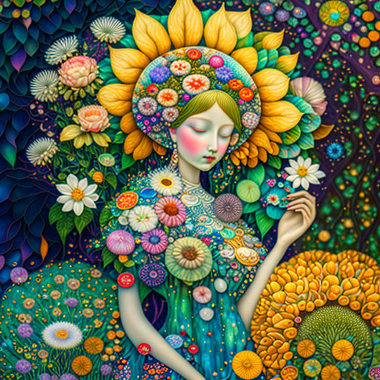 Vibrant woman with sunflower headpiece in detailed floral setting