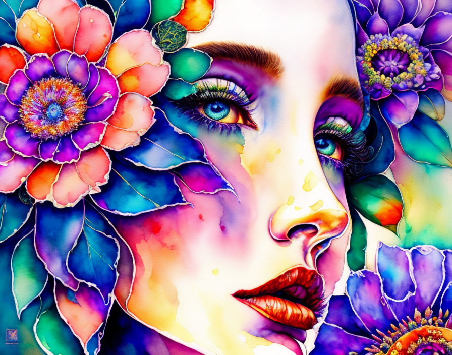 Colorful watercolor portrait with floral elements