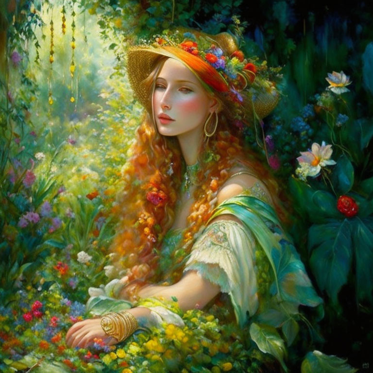 Woman with flowing red hair and floral straw hat in vibrant garden