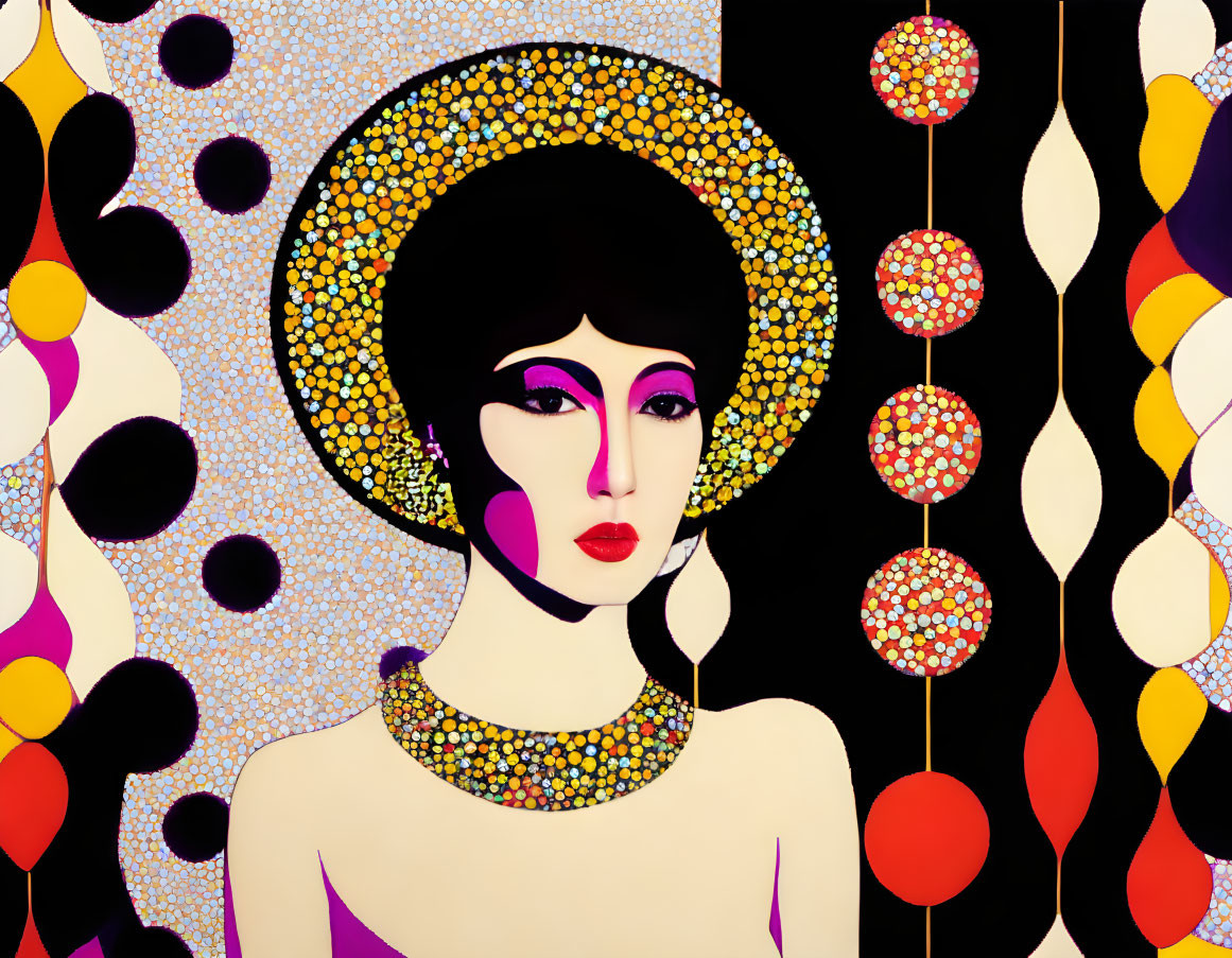 Colorful Abstract Portrait of Woman with Patterned Hat and Necklace