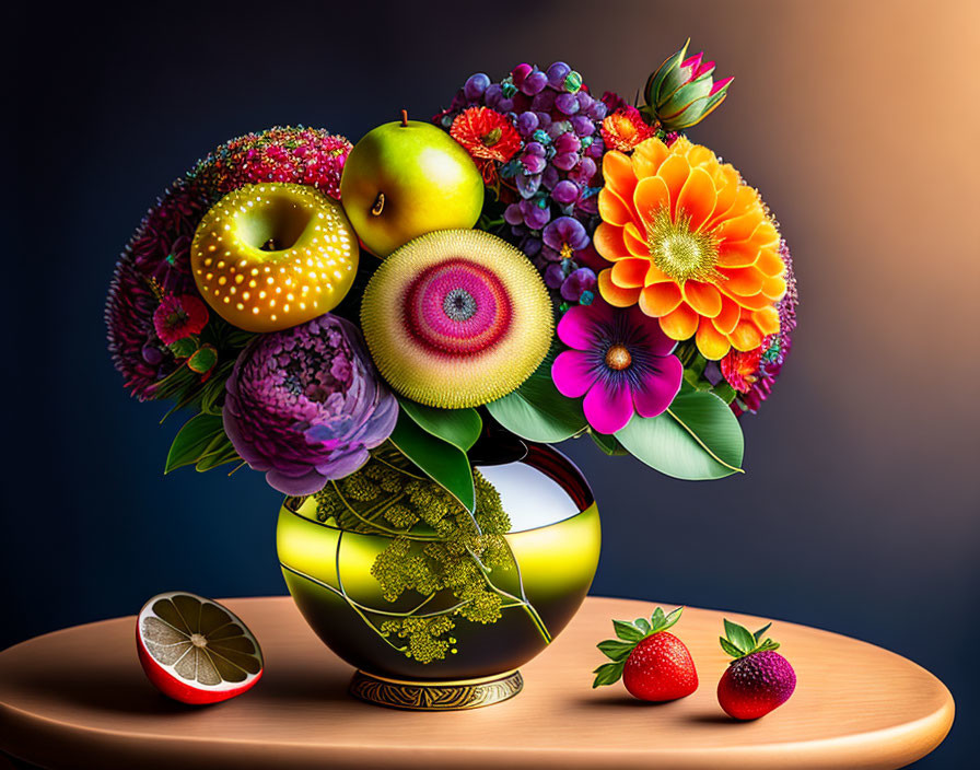 Vibrant digital still life with flowers and fruits on wooden table