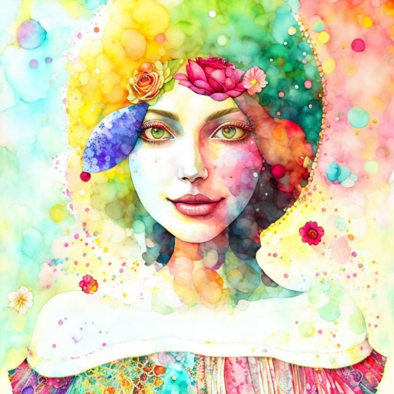 Colorful Watercolor Portrait of Woman with Multicolored Skin