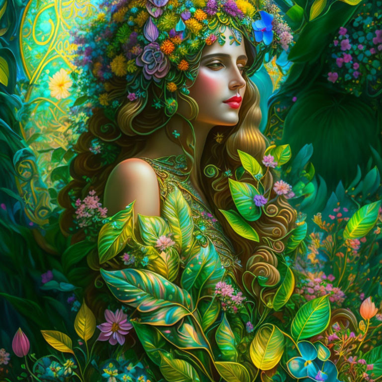 Colorful woman with floral hair in lush nature scene