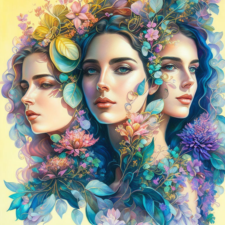 Women's portraits merged with vibrant flowers on colorful background
