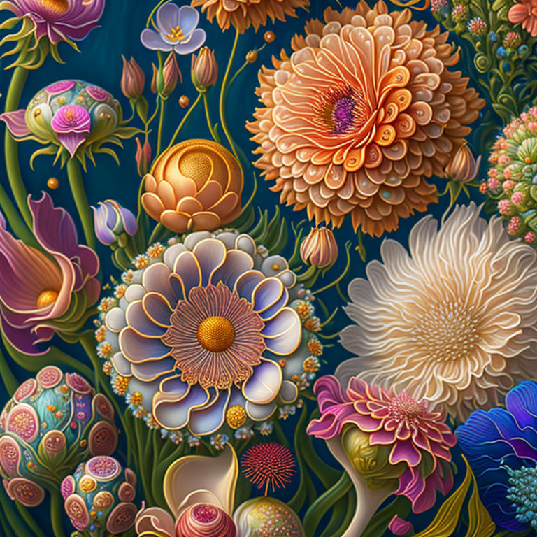 Colorful digital illustration of intricate stylized flowers with rich textures.