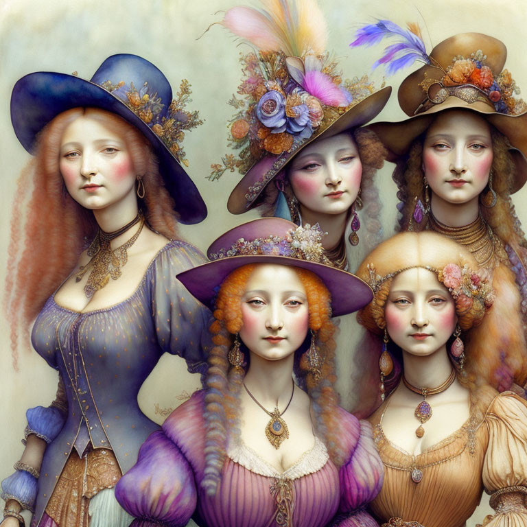 Four Elegant Ladies in Vintage Attire with Ornate Hats and Pastel Palette