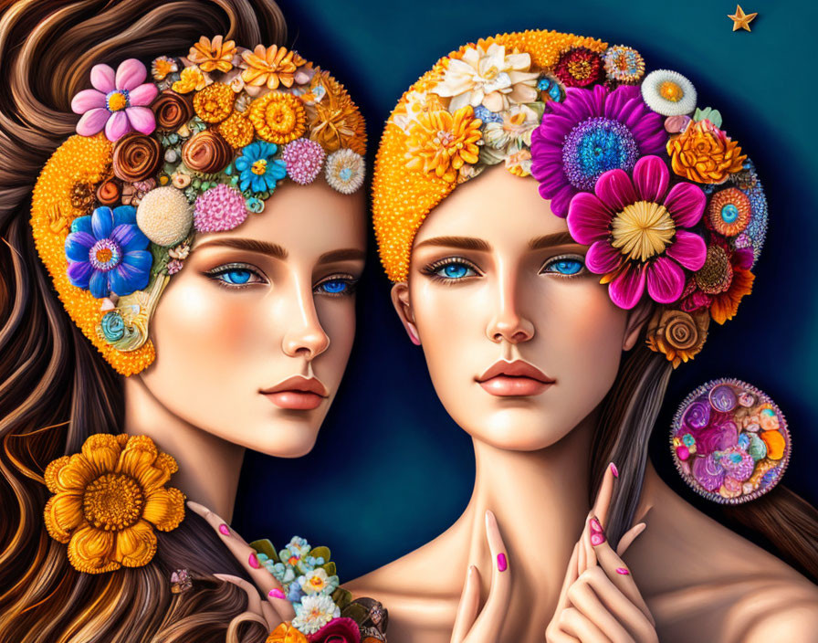 Colorful artistic portrait of two women with floral hair accessories.