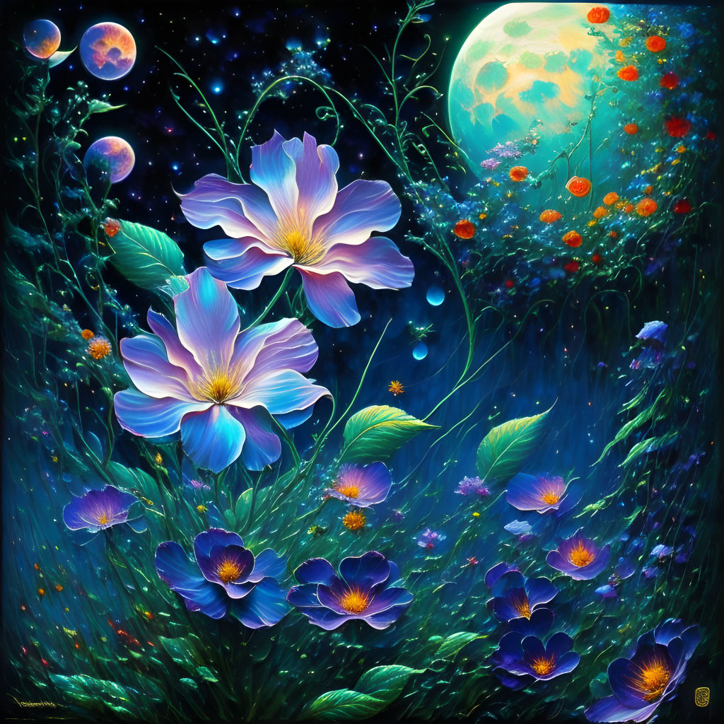 Vibrant blue and purple flowers under starlit sky with moon and planets