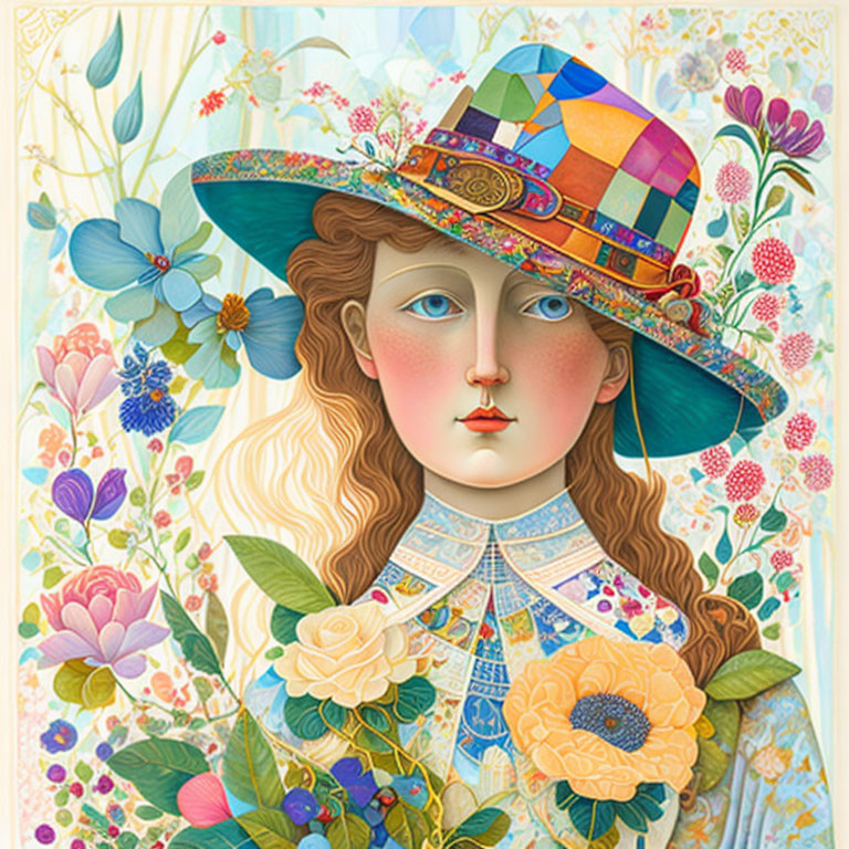 Colorful Patchwork Hat on Person Surrounded by Flowers