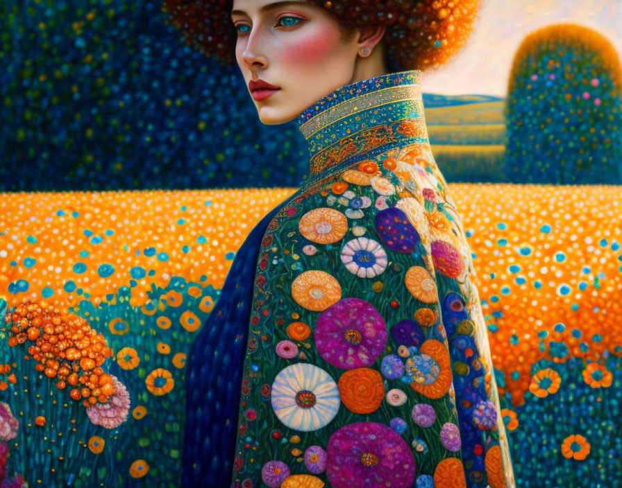 Colorful painting of woman in floral cloak with fantasy landscape.