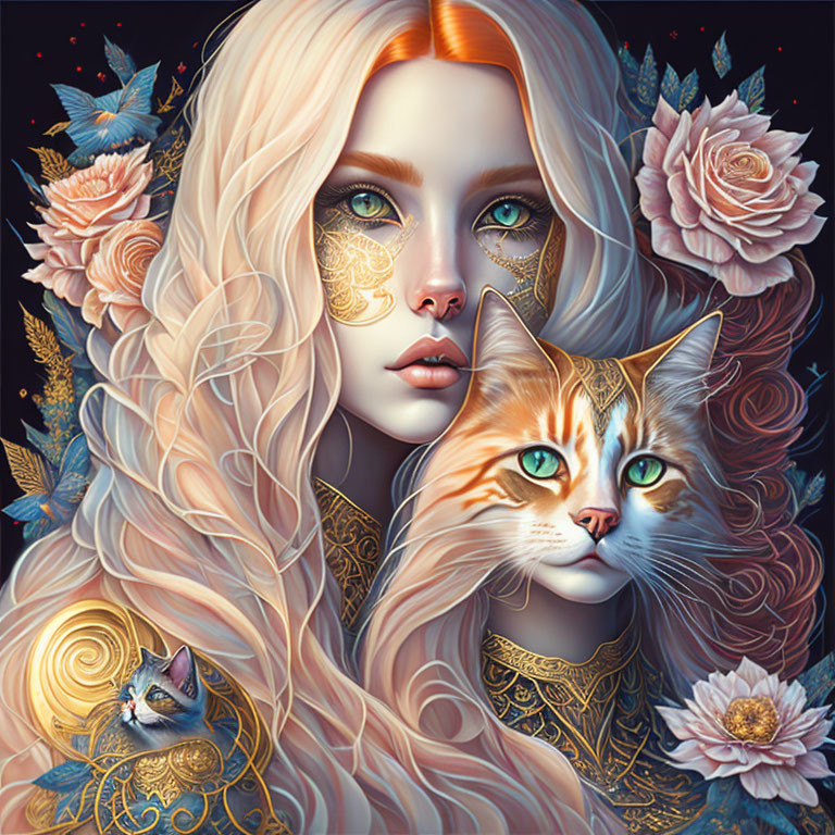 Digital artwork featuring woman with blonde hair and golden eyes, orange cat, blue birds, pink roses