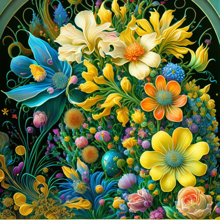 Colorful flowers and decorative elements on dark background - Detailed painting of lush garden