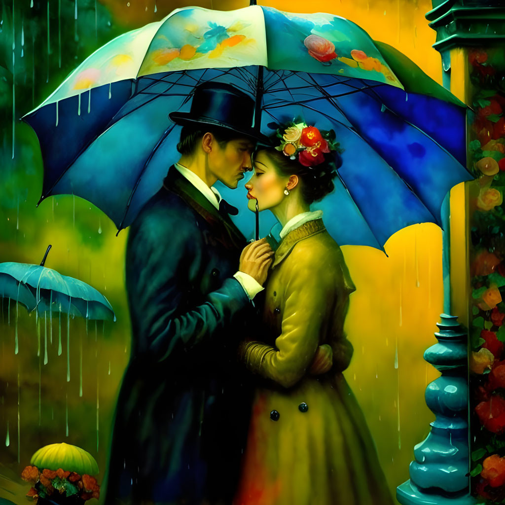 Romantic painting: Couple embracing under floral umbrella on rainy day