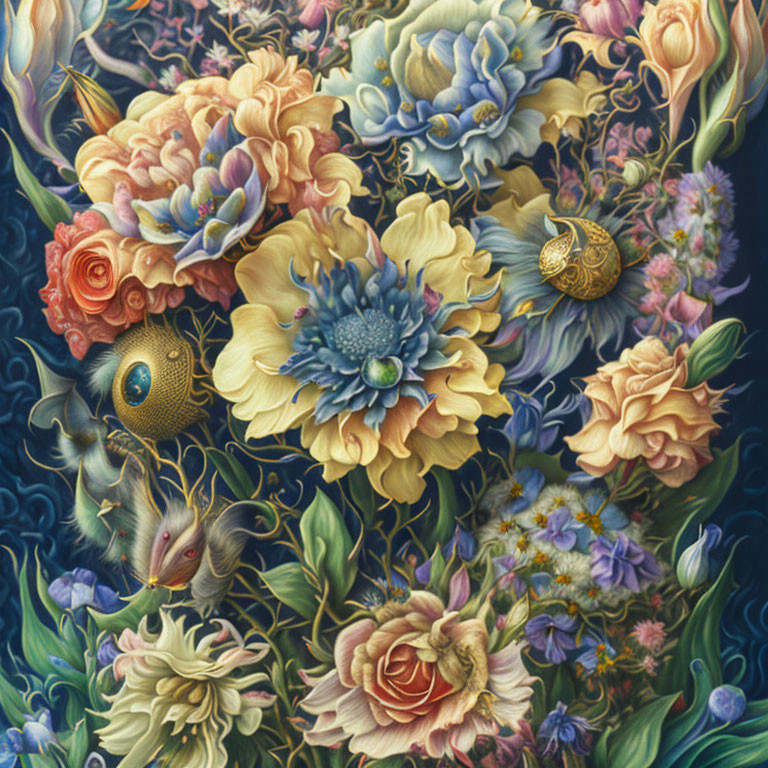 Detailed painting of blooming flowers with snails in blue, pink, and yellow.