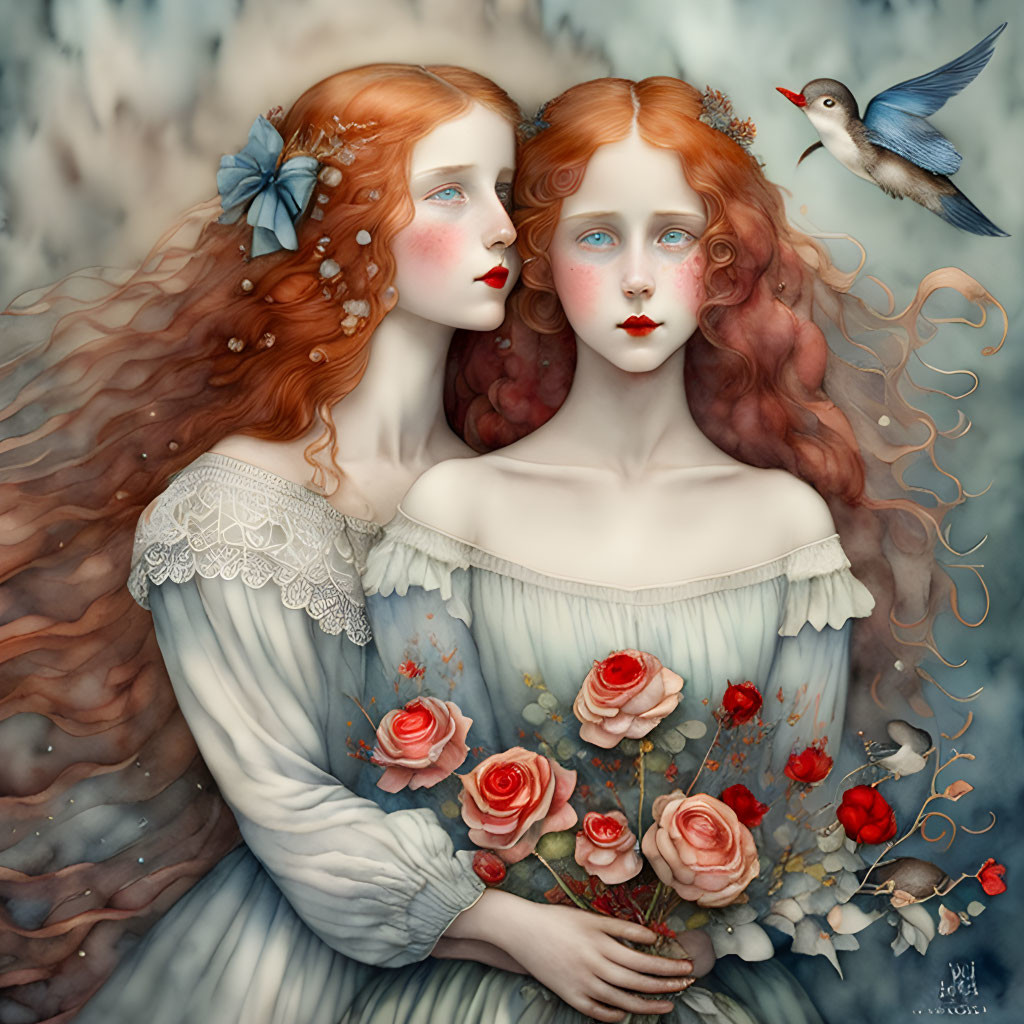 Two women with flowing red hair in vintage dresses holding roses, with a bird in surreal background.