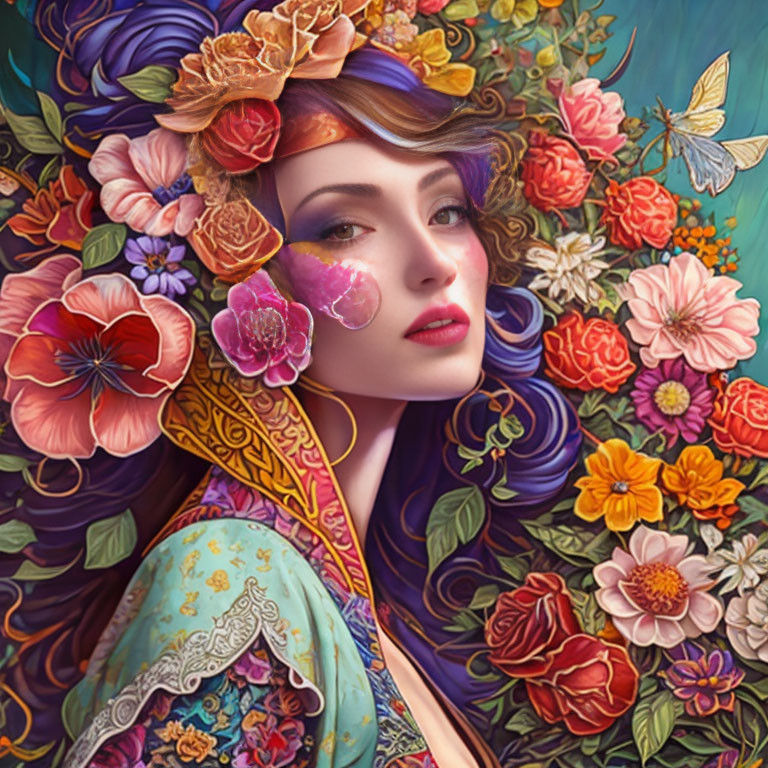 Colorful illustration: Woman with purple hair and floral halo in intricate design