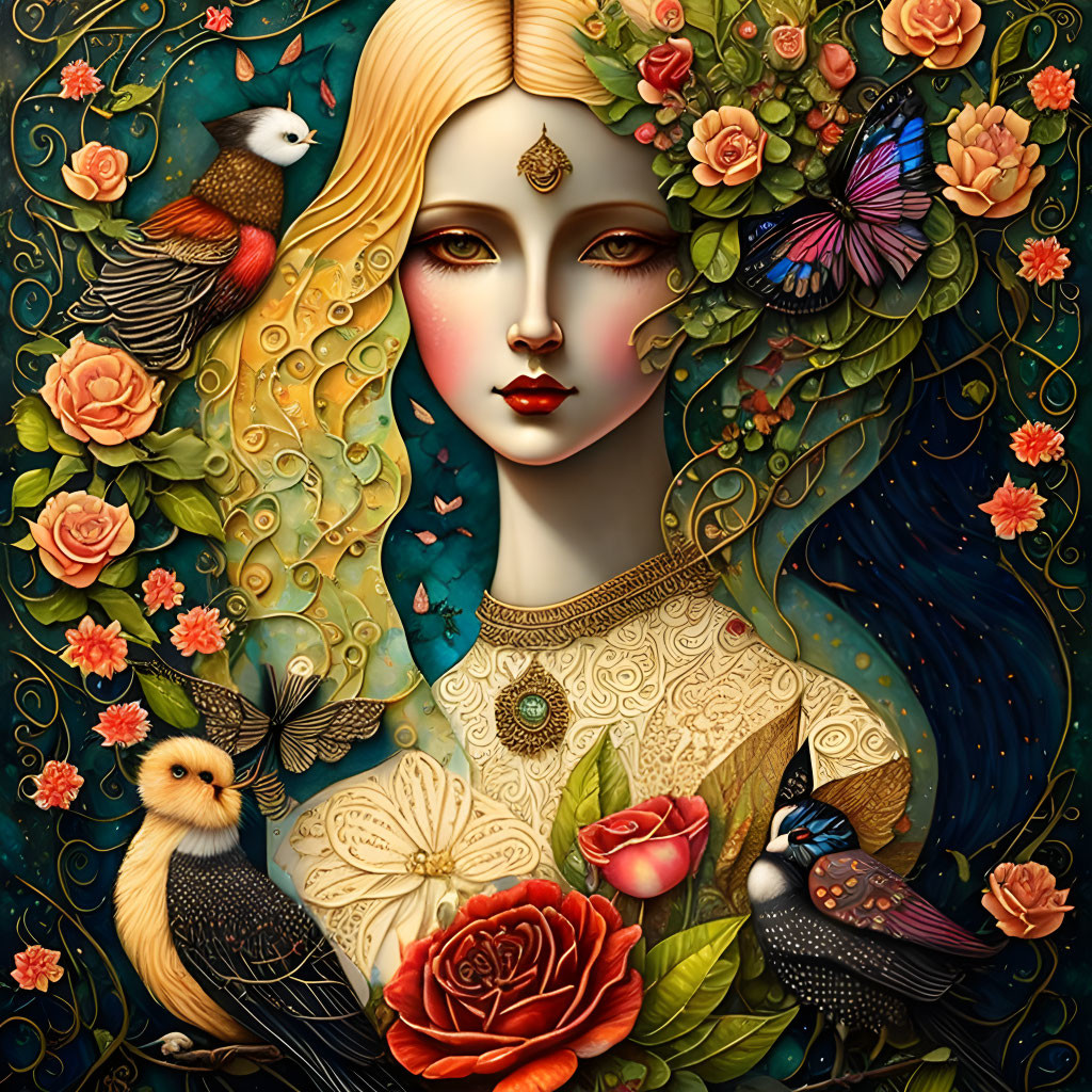 Stylized portrait of woman with golden hair, birds, butterflies, flowers, and leaves