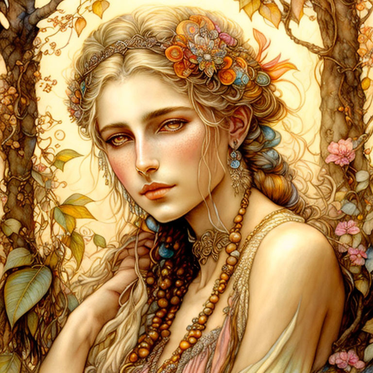 Ethereal woman with floral accessories in nature setting