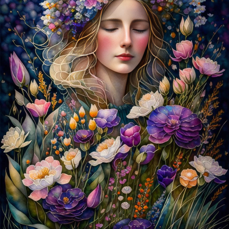 Illustrated woman in serene nature setting with closed eyes and vibrant flowers.