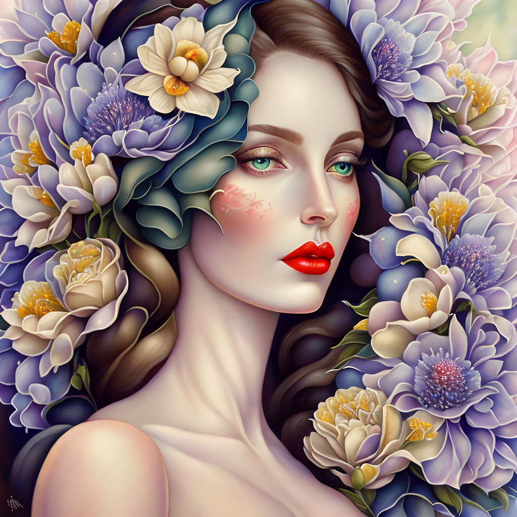 Detailed illustration of woman with porcelain skin and vibrant flowers.