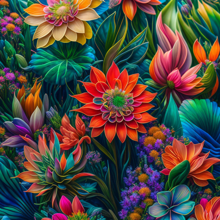 Colorful digital artwork featuring stylized flowers and foliage with intricate textures.