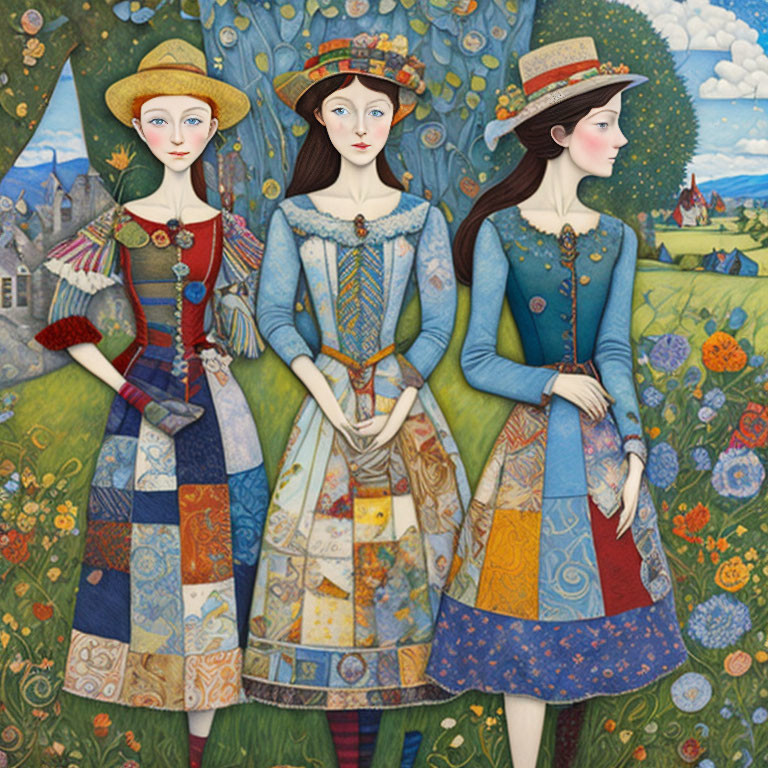 Colorful garden scene with three women in patchwork dresses and hats