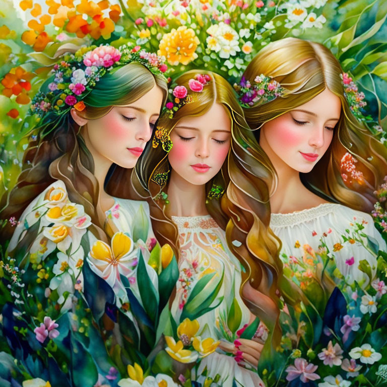 Three Women with Floral Crowns and Wavy Hair Among Vibrant Flowers