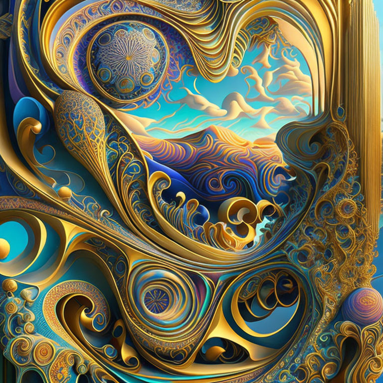 Intricate surreal digital artwork with swirling golden patterns.