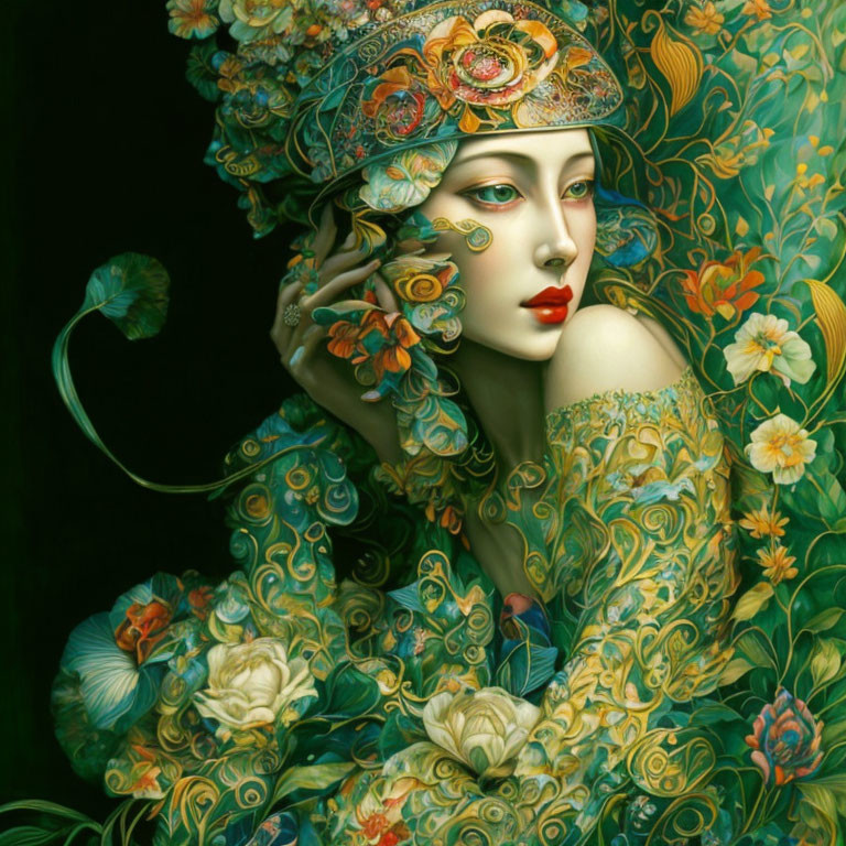 Illustrated woman in green and gold floral attire with red lips