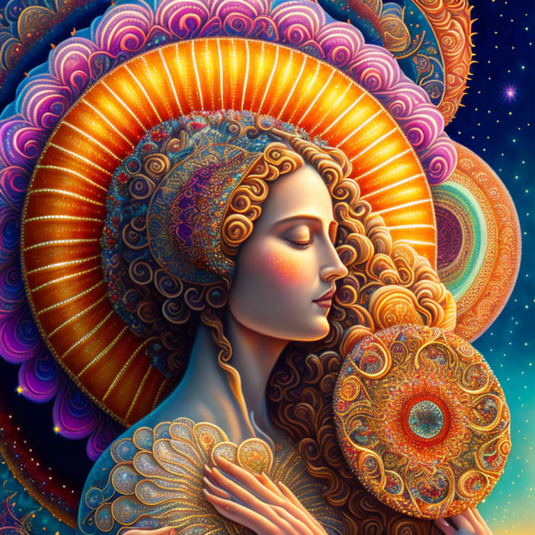 Colorful Woman Illustration with Halo, Shield, and Cosmic Background