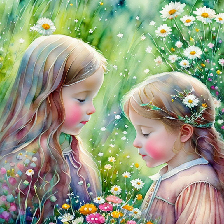 Illustrated girls with delicate features and colorful flowers in magical setting