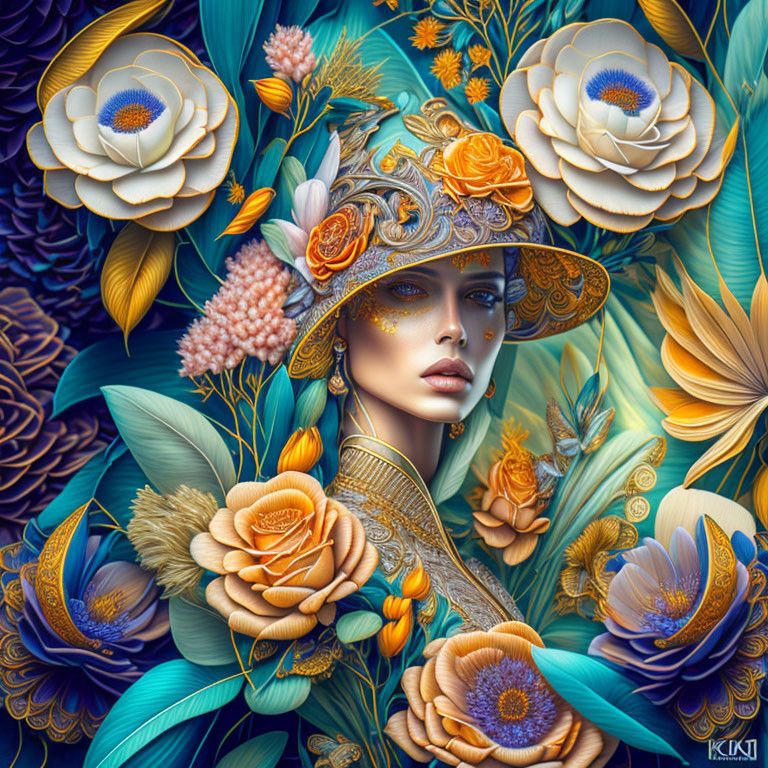 Colorful digital artwork of a woman in botanical attire and intricate floral headdress