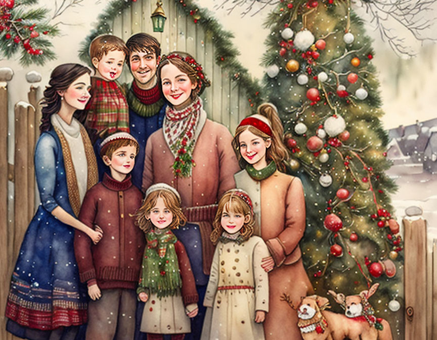 Winter Family Portrait by Christmas Tree in Snowy Setting