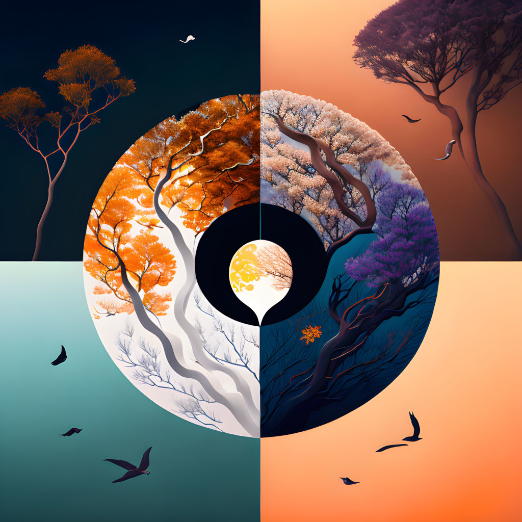 Circular Artwork: Trees in Seasons, Yin-Yang Symbol, Birds in Flight