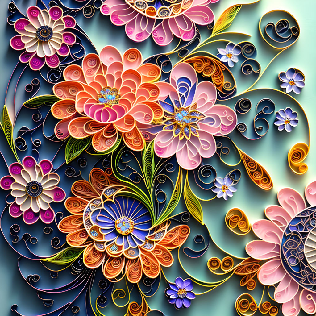 Vibrant floral paper art with intricate quilling on teal background