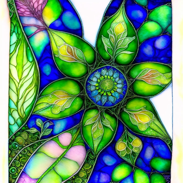 Colorful Stained Glass Style Illustration Featuring Blue Flower