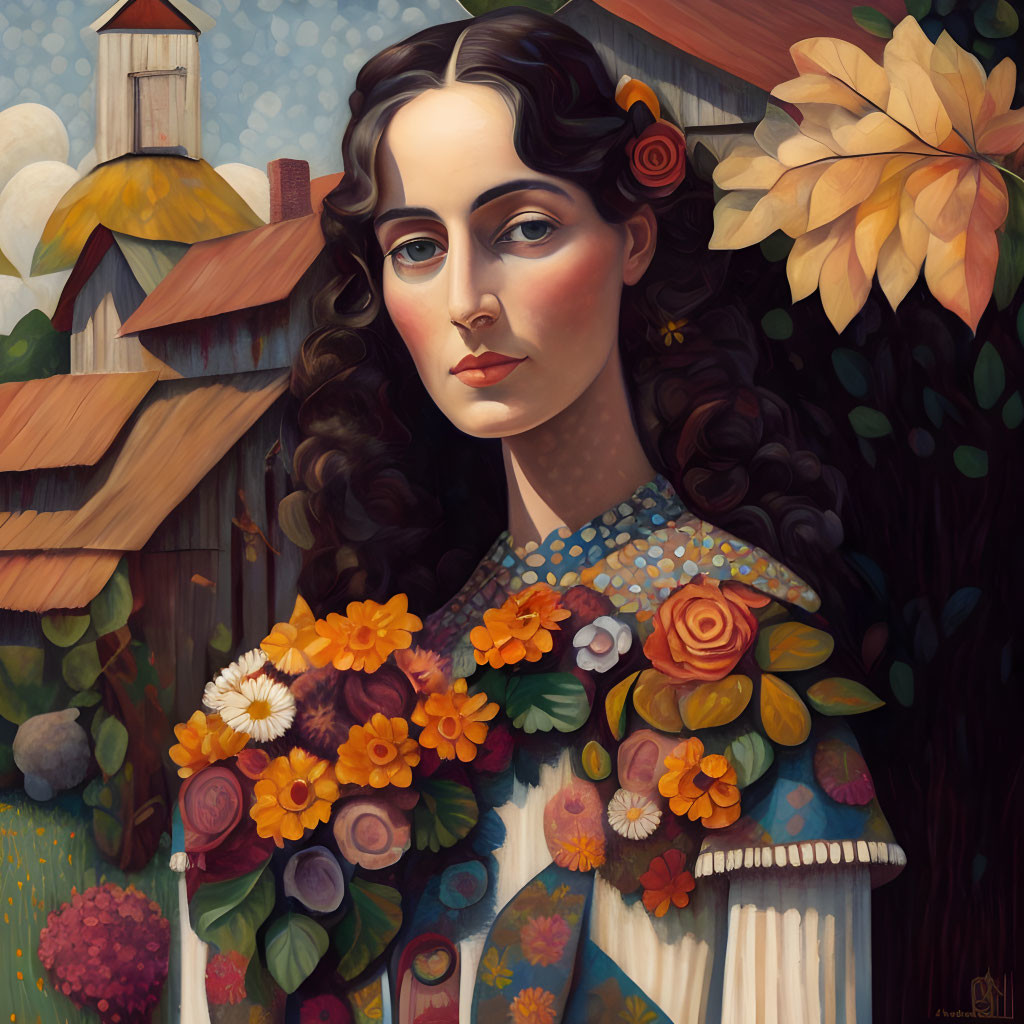 Dark-haired woman with flowers holding a bouquet in front of farmhouse and foliage