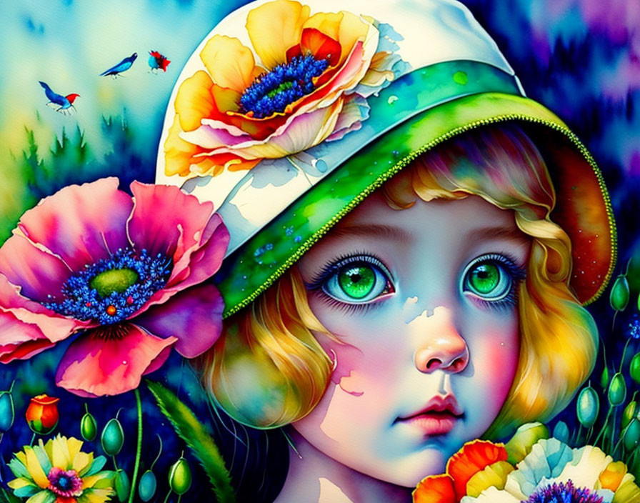 Colorful illustration: Young girl with green eyes in flower hat against vibrant backdrop