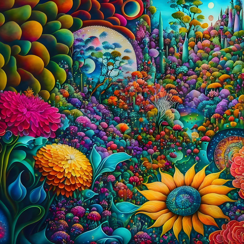 Colorful Fantasy Landscape with Sunflowers and Rounded Trees