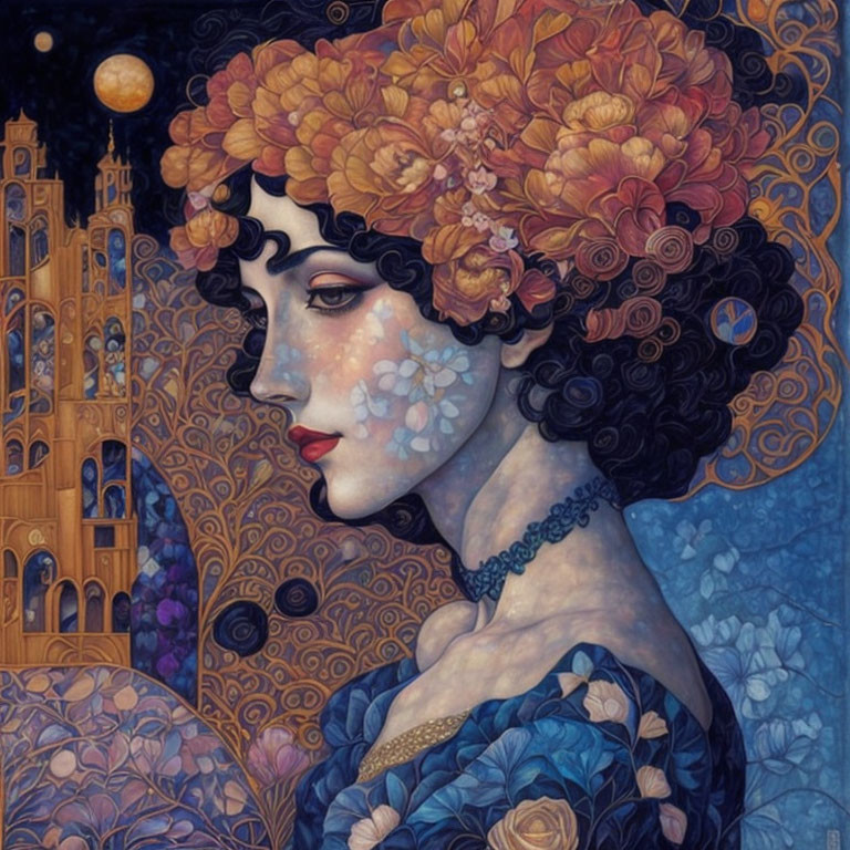 Woman with floral hair and castle in moonlit Art Nouveau illustration