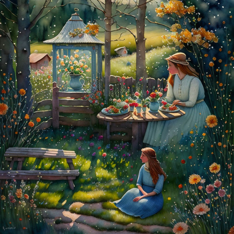 Whimsical painting of two women in vintage dresses in a garden