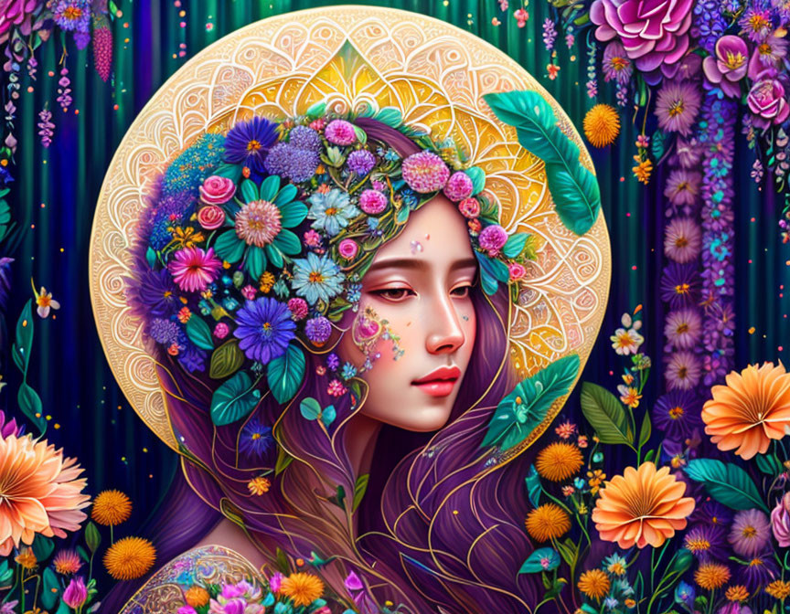 Detailed Floral Halo Woman Illustration with Vibrant Background