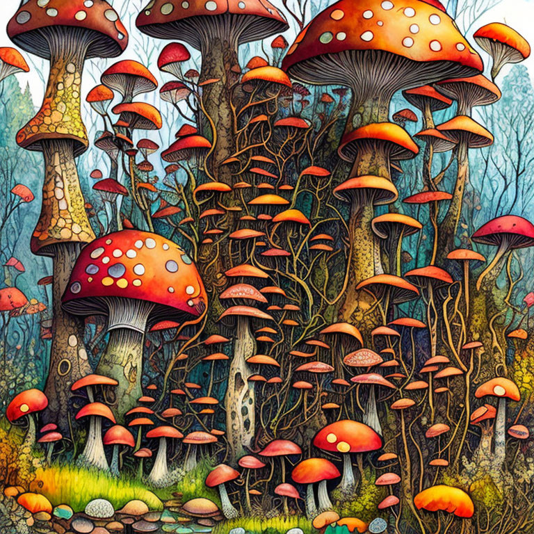 Fantastical mushroom forest with oversized, colorful fungi