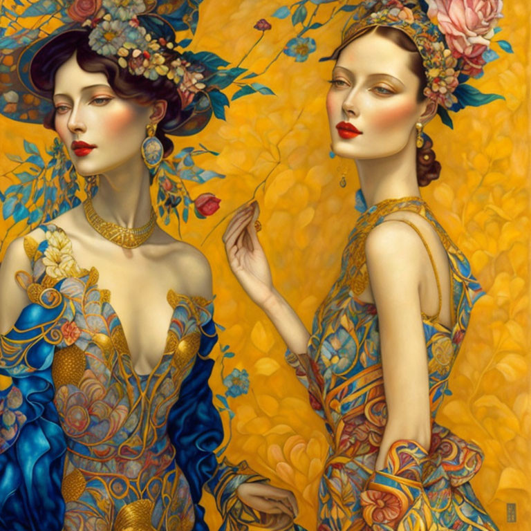 Two elegant women in ornate blue dresses against warm yellow floral backdrop